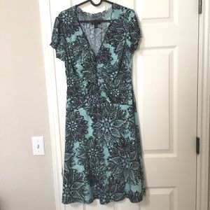 Teal Green Blue Women's Short Cup Sleeve V-Neck Ruched Front Fit and Flare Dress